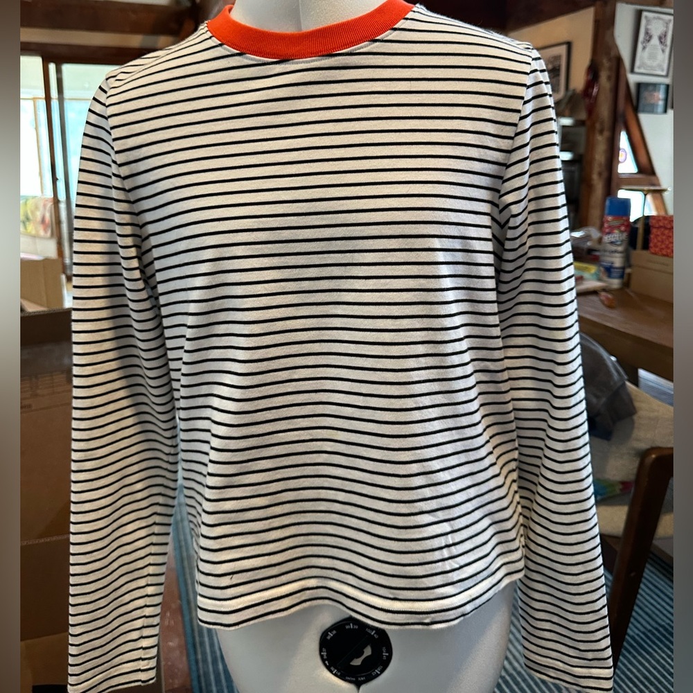 COS long sleeve b/w stripe cotton tee with contrast collar